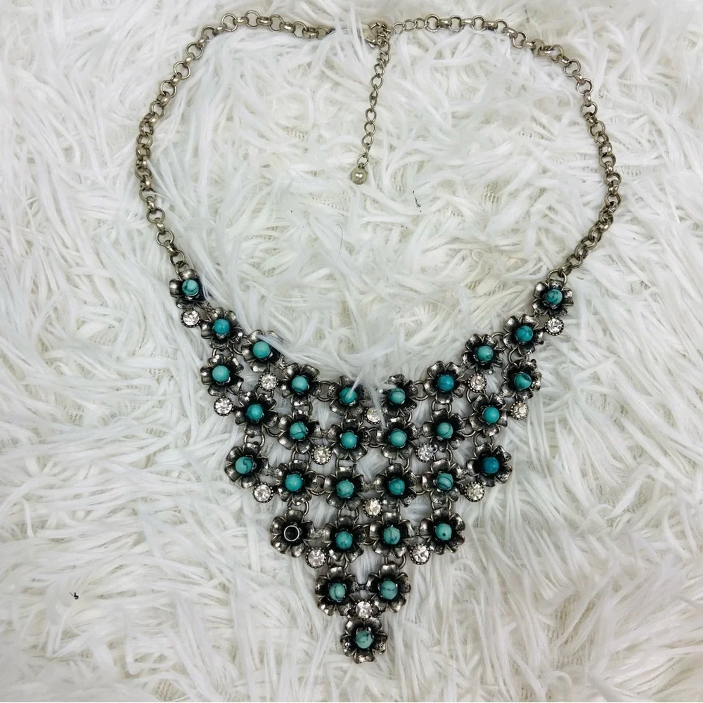 UNBRANDED silver flower turquoise, jeweled triangle chain necklace